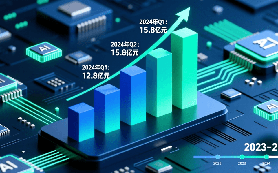 百度AI财报数据可视化,蓝绿色调上升柱状图与AI芯片元素,商务科技风格