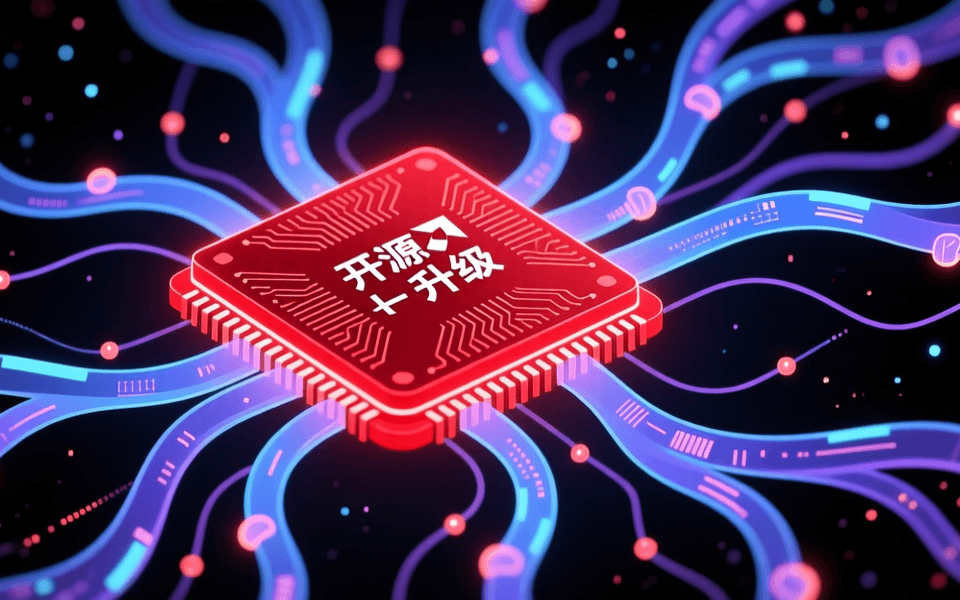 红色 AMD 芯片与抽象神经网络连线，象征开源软件栈升级的科技插画