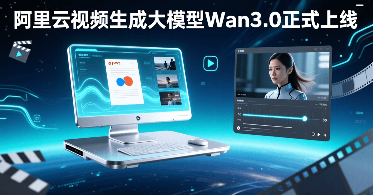 深蓝色科技感封面：悬浮智能工作站将PPT文档与图片素材转化为视频画面，右侧显示视频播放器与时间轴，顶部标题为“阿里云视频生成大模型Wan3.0正式上线”