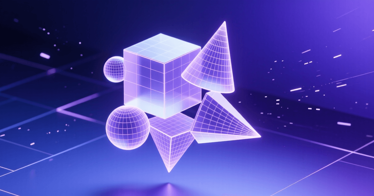 三维立体建模主题，漂浮3D几何体与网格线构成数字雕塑