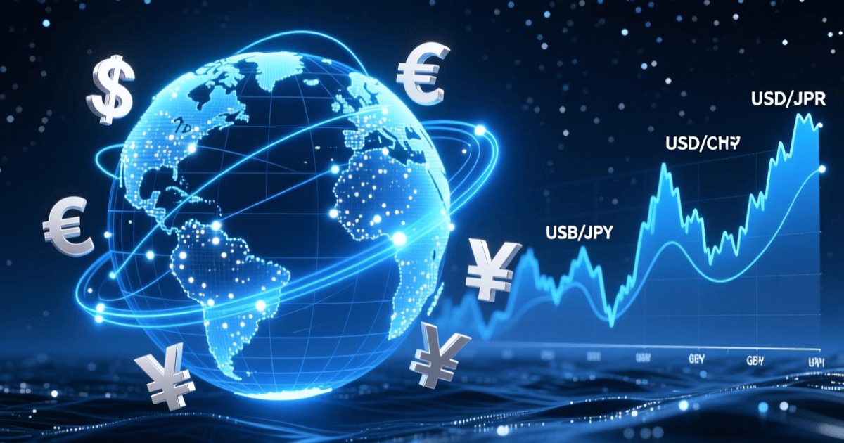 金融科技主题，全球化资金流动与外汇走势图，蓝色科技线条