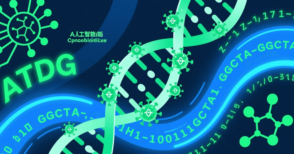 DNA 双螺旋与微小的病毒粒子交织，背景为基因序列数据流，蓝绿色调，象征 AI 与合成生物学的结合