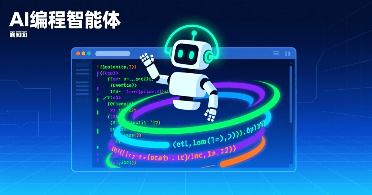 深蓝色背景上，发光的终端命令行窗口与彩色代码流环绕着悬浮的机器人助手图标，象征 AI 编程智能体