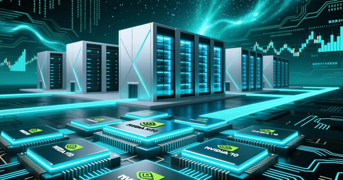 发光的NVIDIA GPU芯片阵列与超大规模数据中心建筑群融合的科技新闻封面，蓝绿科技色调