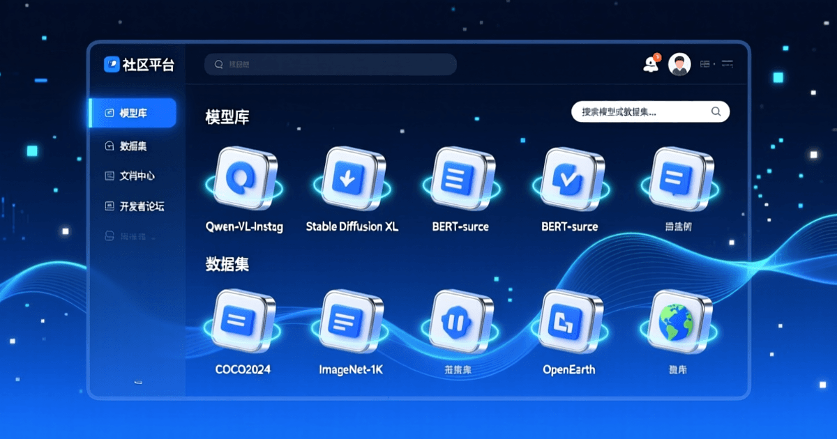 AI开源社区平台界面，展示模型库和数据集图标，蓝色科技风格