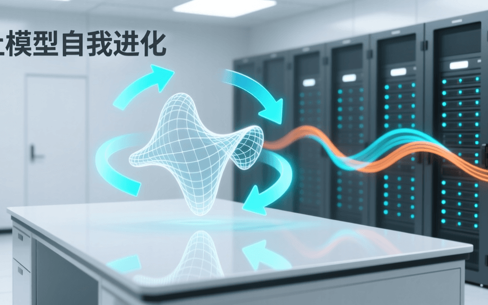 科研计算与模型自主迭代的抽象示意画面，体现研究闭环与算力集群