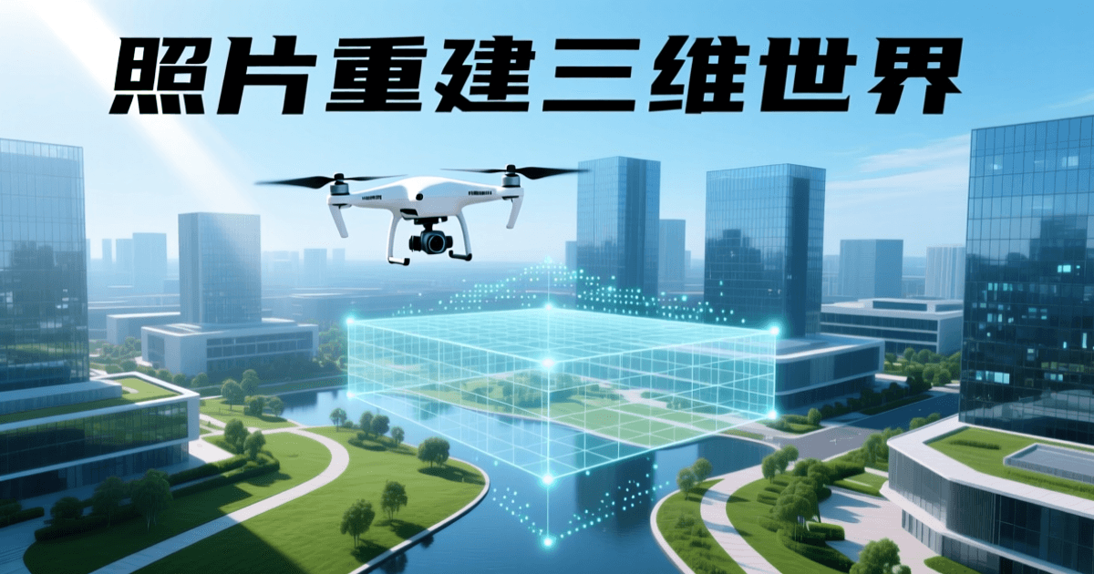 俯瞰视角的现代科技园区，建筑与绿化区域之上叠加半透明三维网格与点云结构，一架白色无人机悬停于画面上方，示意由照片重建的可交互三维世界