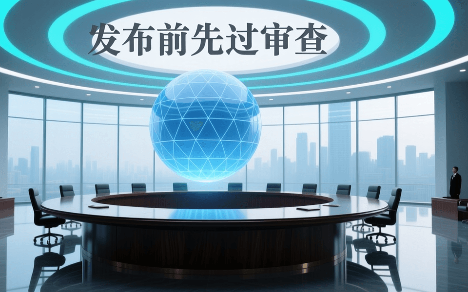 庄重的现代会议厅内圆形深色长桌居中，桌上方悬浮半透明蓝色几何护罩，表面为细密均匀网格纹理，四周环绕蓝色与青色同心光环，背景是高耸玻璃幕墙