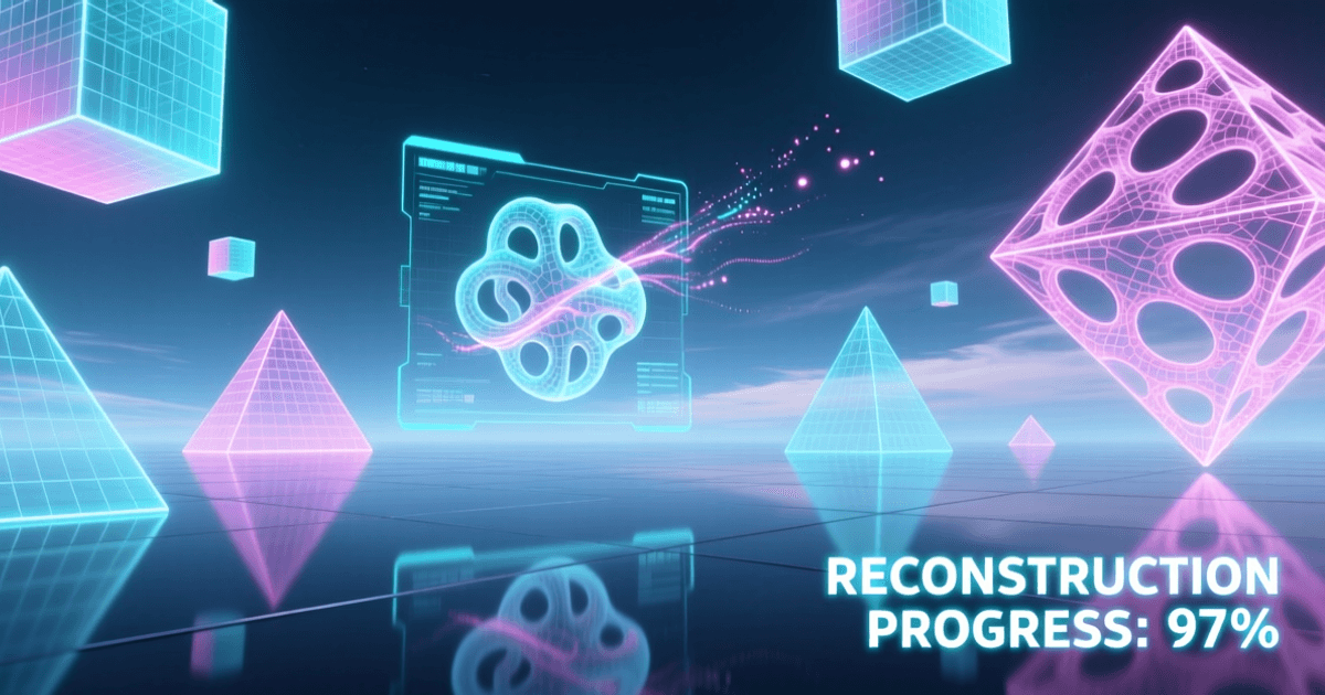 3D生成虚拟世界，浮空几何体带线框覆盖，全息界面显示3D模型重建