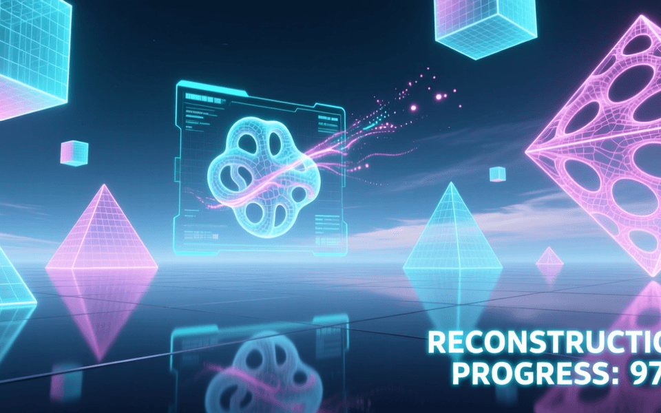 3D生成虚拟世界，浮空几何体带线框覆盖，全息界面显示3D模型重建