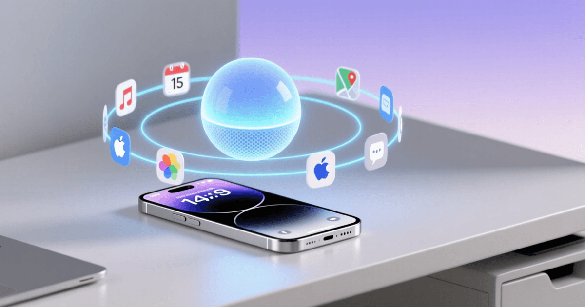 苹果风格极简桌面，发光的Siri球体悬浮在iPhone和MacBook上方