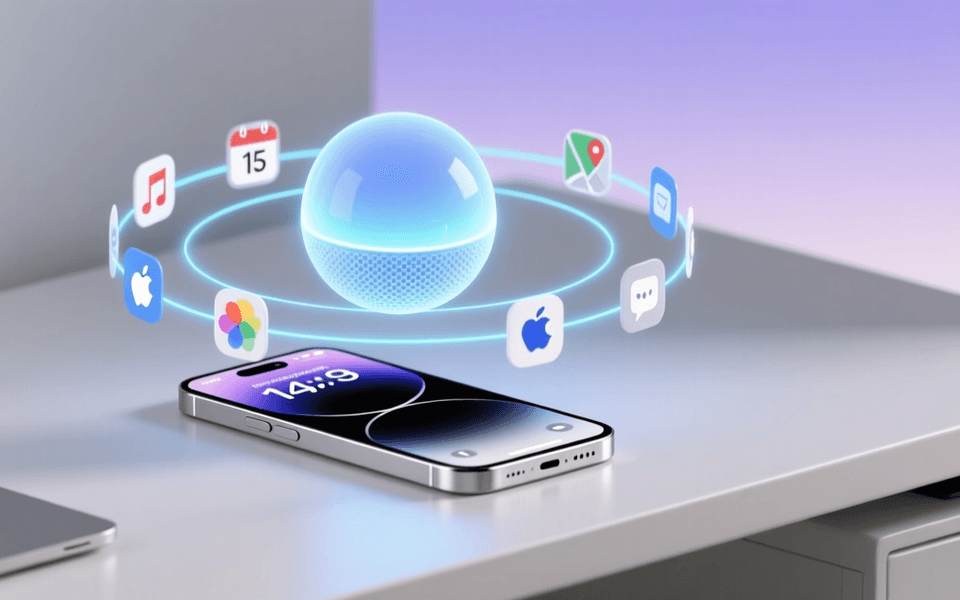 苹果风格极简桌面，发光的Siri球体悬浮在iPhone和MacBook上方