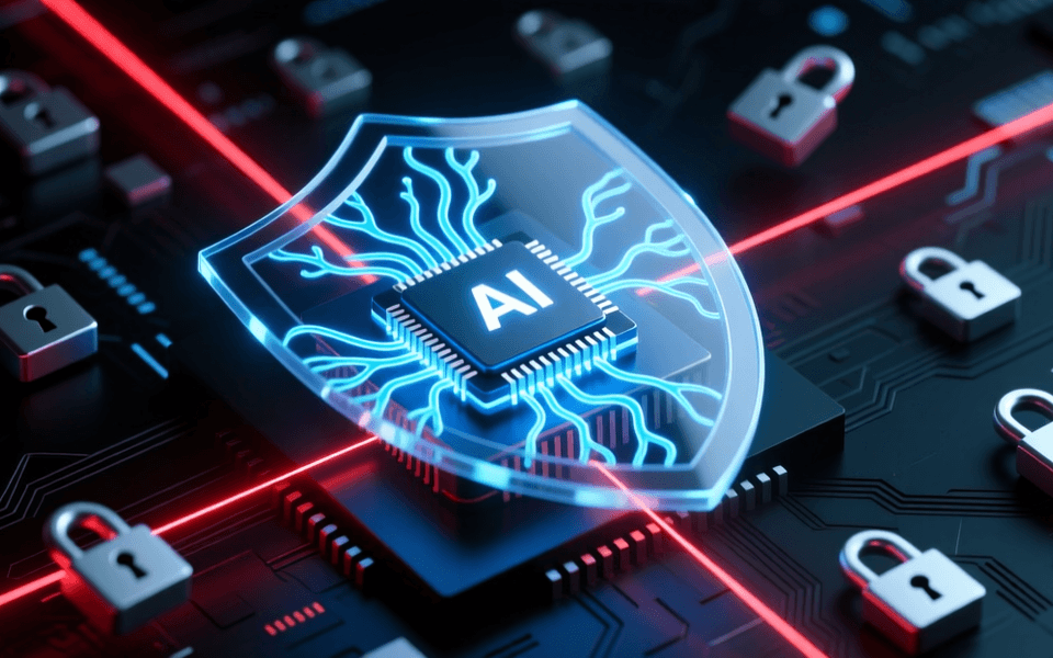 深色背景中发光的 AI 神经网络芯片被防护盾包围，周围有红色警报光线和锁形图标，象征 AI 网络安全事件