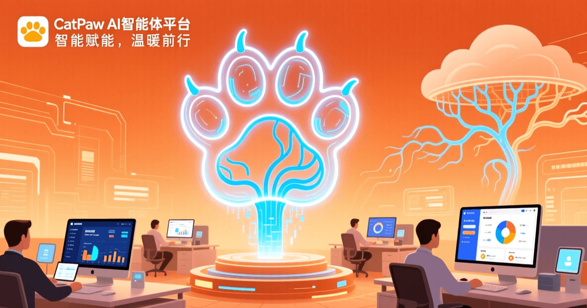 美团CatPaw AI Agent智能体平台概念图，猫爪图案与AI技术融合