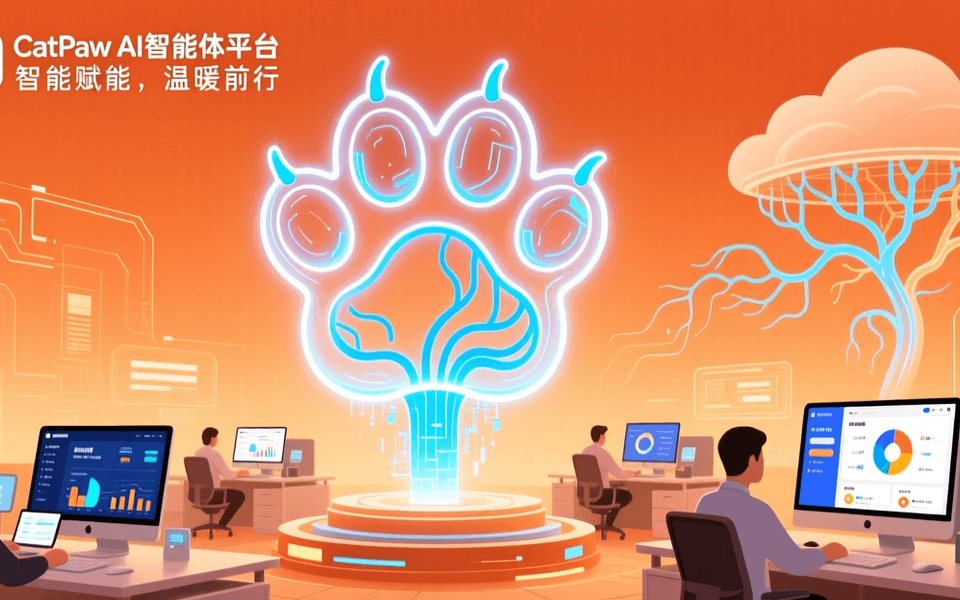 美团CatPaw AI Agent智能体平台概念图，猫爪图案与AI技术融合