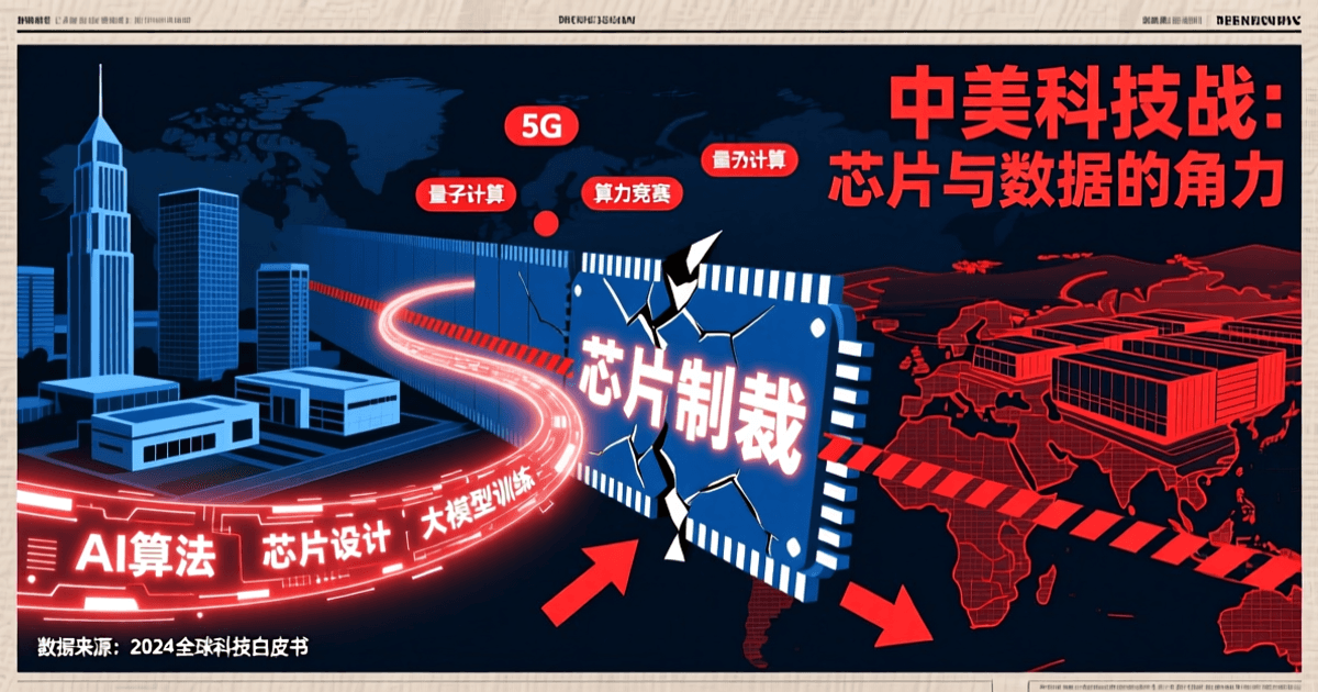 中美AI技术竞争概念图，深蓝与红色调对比，象征地缘政治科技博弈