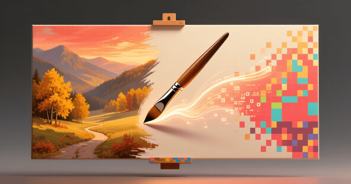 一幅画布被数字光线绘制，左半为写实风景油画、右半为彩色像素方块，画笔悬浮中央，象征AI图像生成与编辑
