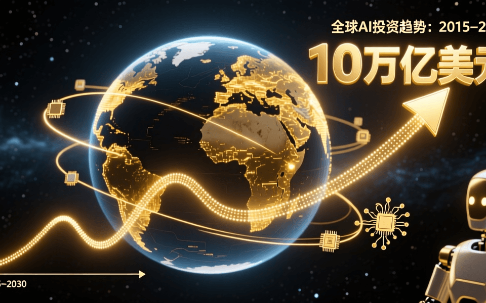 全球AI投资增长曲线图,万亿美元数字,地球与资金流向