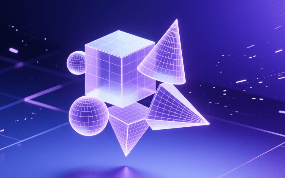 三维立体建模主题,漂浮3D几何体与网格线构成数字雕塑
