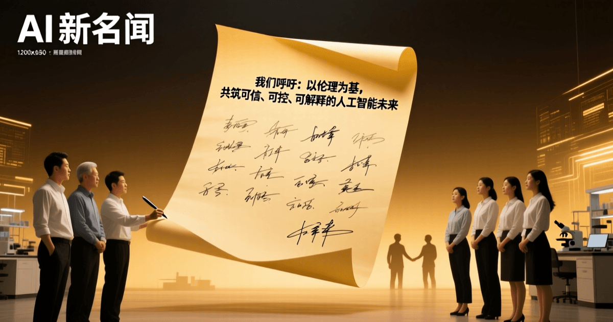 众多AI工程师和研究人员集体签署联名信的震撼场景,暖色调庄重严肃