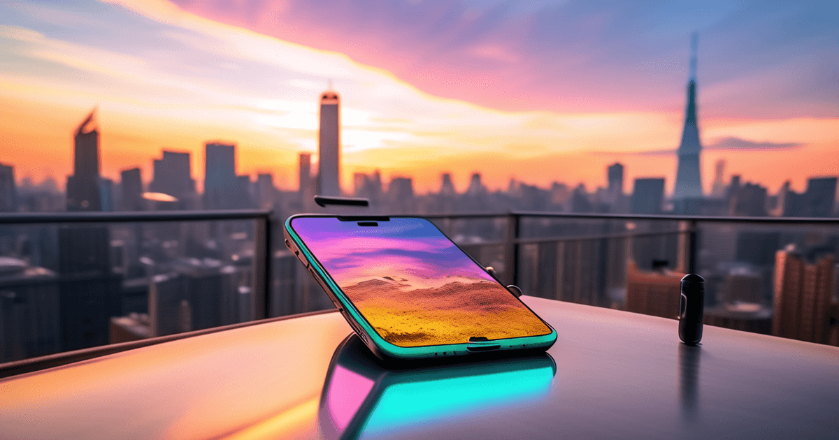 iPhone悬浮在上海天空,屏幕绽放七色光芒代表通过备案的七大手机品牌,日出晨光洒在城市天际线