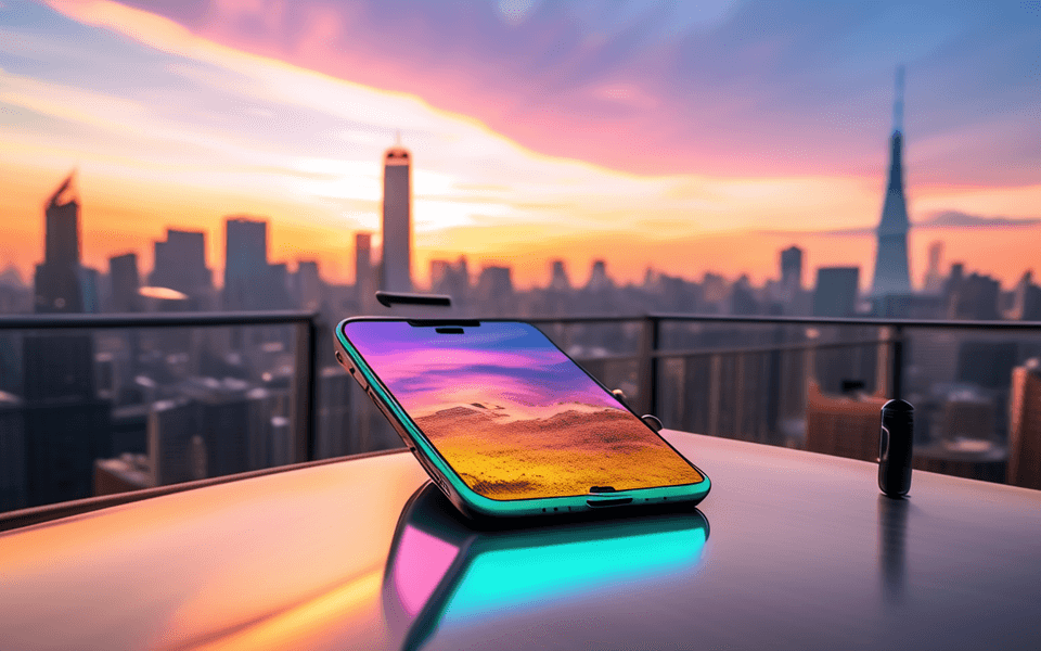 iPhone悬浮在上海天空,屏幕绽放七色光芒代表通过备案的七大手机品牌,日出晨光洒在城市天际线