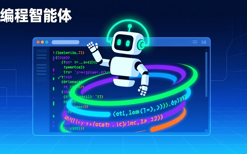 深蓝色背景上,发光的终端命令行窗口与彩色代码流环绕着悬浮的机器人助手图标,象征 AI 编程智能体
