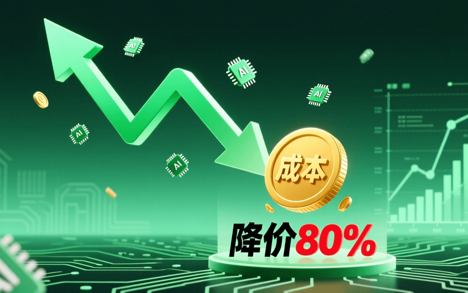大幅向下价格曲线箭头与AI芯片元素的金融科技插图,绿色和金色配色,表达大幅降价的商业概念