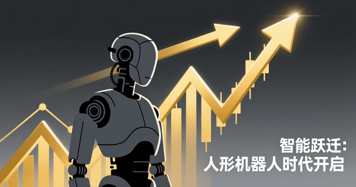 人形机器人剪影站立在上升的 K 线图与金色箭头旁,象征机器人公司登陆资本市场