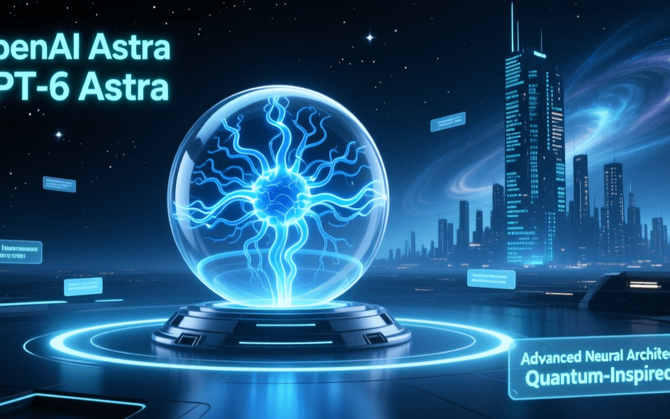 OpenAI GPT-6 Astra模型发布,蓝色科技光效与神经网络背景
