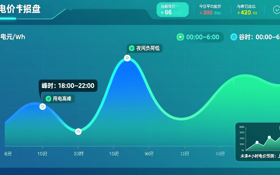 API定价仪表盘,峰谷电价曲线图,蓝绿色调,数据可视化风格