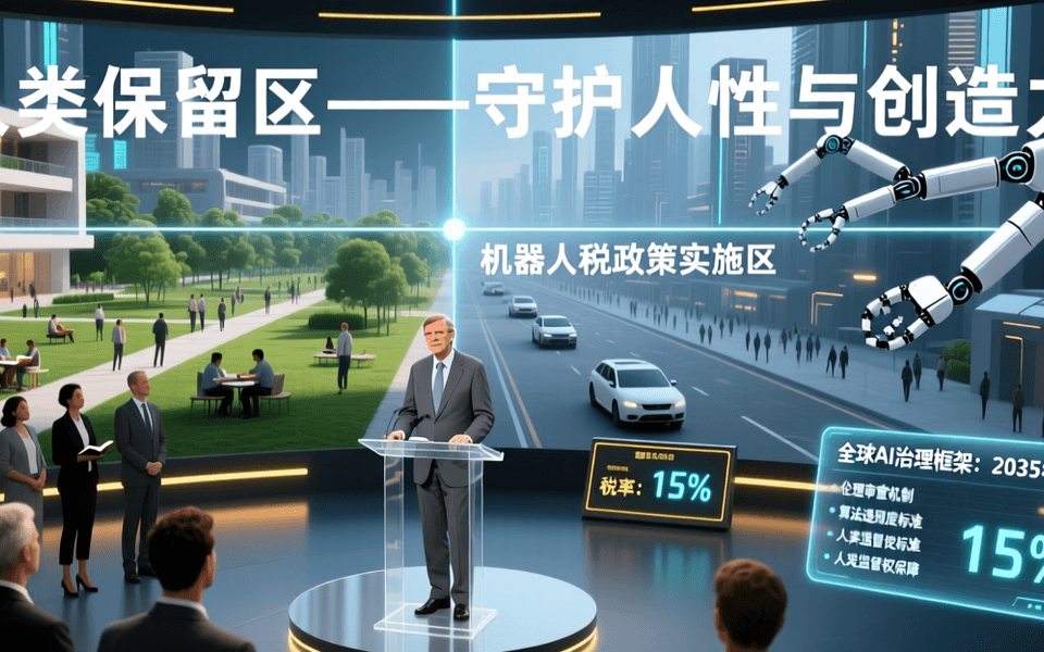 比尔·盖茨呼吁AI减速,人类保留区与机器人税概念图