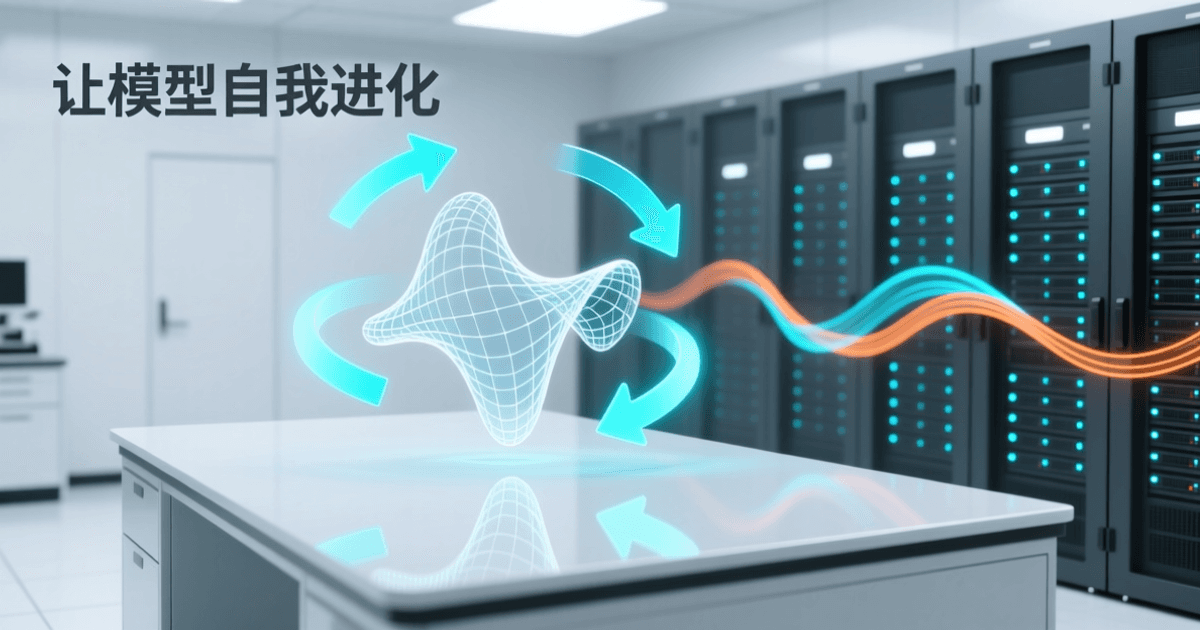 科研计算与模型自主迭代的抽象示意画面,体现研究闭环与算力集群