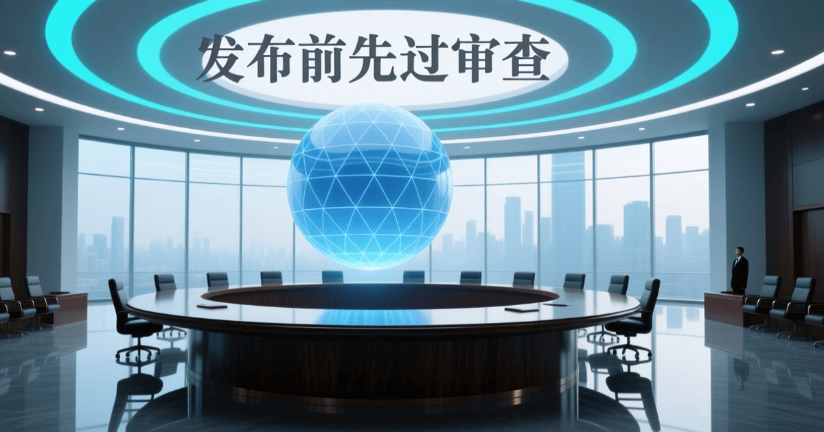 庄重的现代会议厅内圆形深色长桌居中,桌上方悬浮半透明蓝色几何护罩,表面为细密均匀网格纹理,四周环绕蓝色与青色同心光环,背景是高耸玻璃幕墙