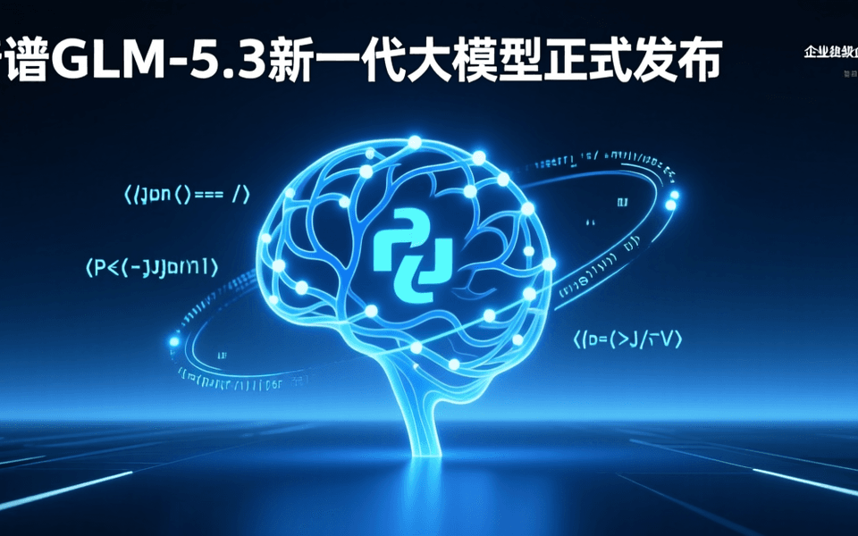 深蓝色科技背景封面,中央为发光的蓝色神经网络与代码符号交织的抽象图形,象征新一代大模型 GLM-5.3 的编程与智能体能力