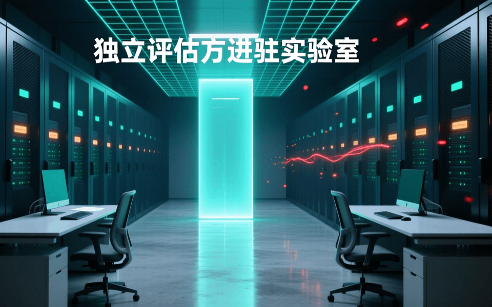 深蓝青绿色调的 AI 实验室内部:中央一道发光的青色垂直光门,两侧为成排深色网孔机柜与指示灯,前景左右各有一组空置工作台与座椅,顶部有中文标题「独立评估方进驻实验室」