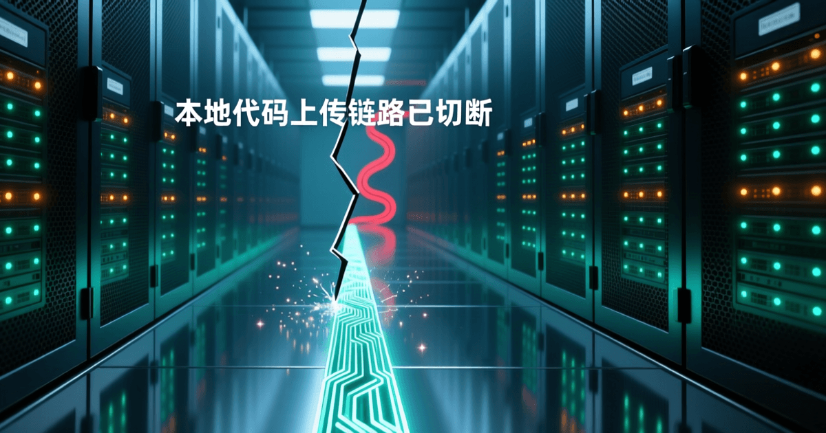 数据中心机房纵深走廊中,一条由发光电路纹理构成的光缆在中央被垂直断口整齐切断,两侧机柜指示灯青绿明亮,画面顶部有中文标题「本地代码上传链路已切断」