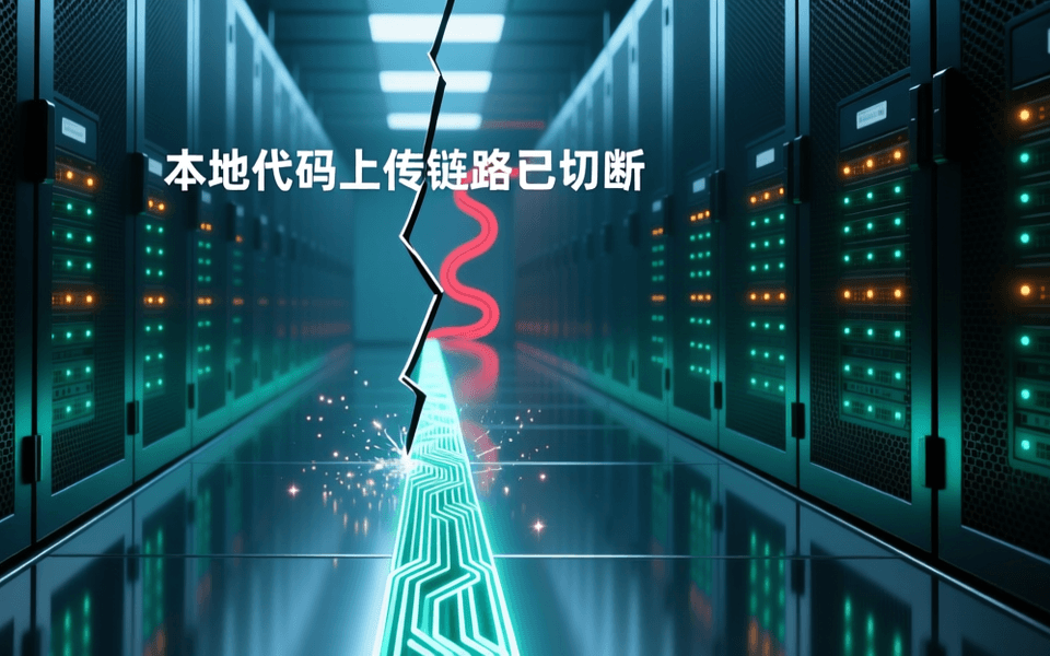 数据中心机房纵深走廊中,一条由发光电路纹理构成的光缆在中央被垂直断口整齐切断,两侧机柜指示灯青绿明亮,画面顶部有中文标题「本地代码上传链路已切断」