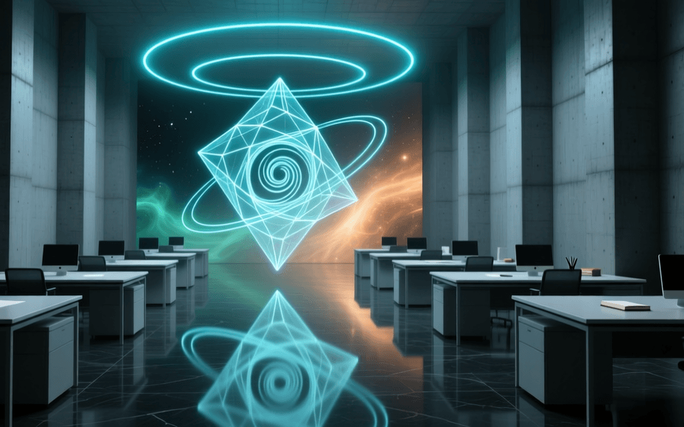 数学研究空间的纵深场景:画面中央悬浮由发光线条构成的三维几何曲面与多面体晶格,外围环绕青蓝色同心光环,两侧为成排空置的办公桌,抛光地面映出清晰倒影