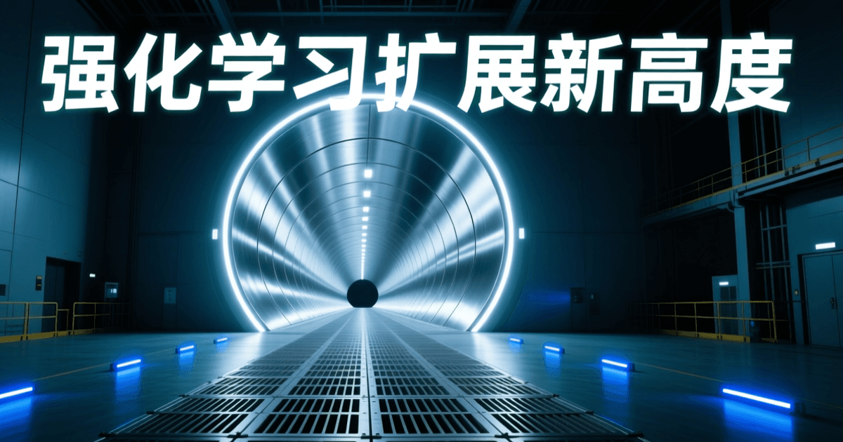 大型风洞实验室内部,巨型圆形风洞管道贯穿画面,光滑金属内壁,地面检修栅格与蓝色指示灯,顶部居中排布中文大标题 强化学习扩展新高度