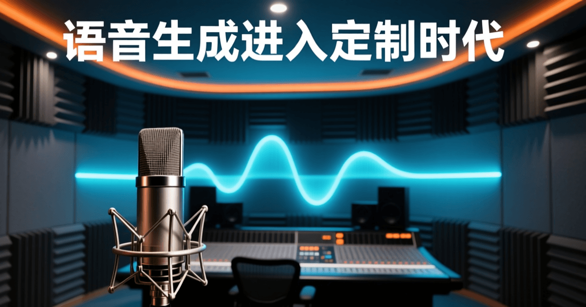 专业录音棚内部,前景为电容麦克风特写,中景为声学吸音板墙面与弧形声波可视化光带,远景为调音台剪影与暖色灯带,深蓝与青色为主色调