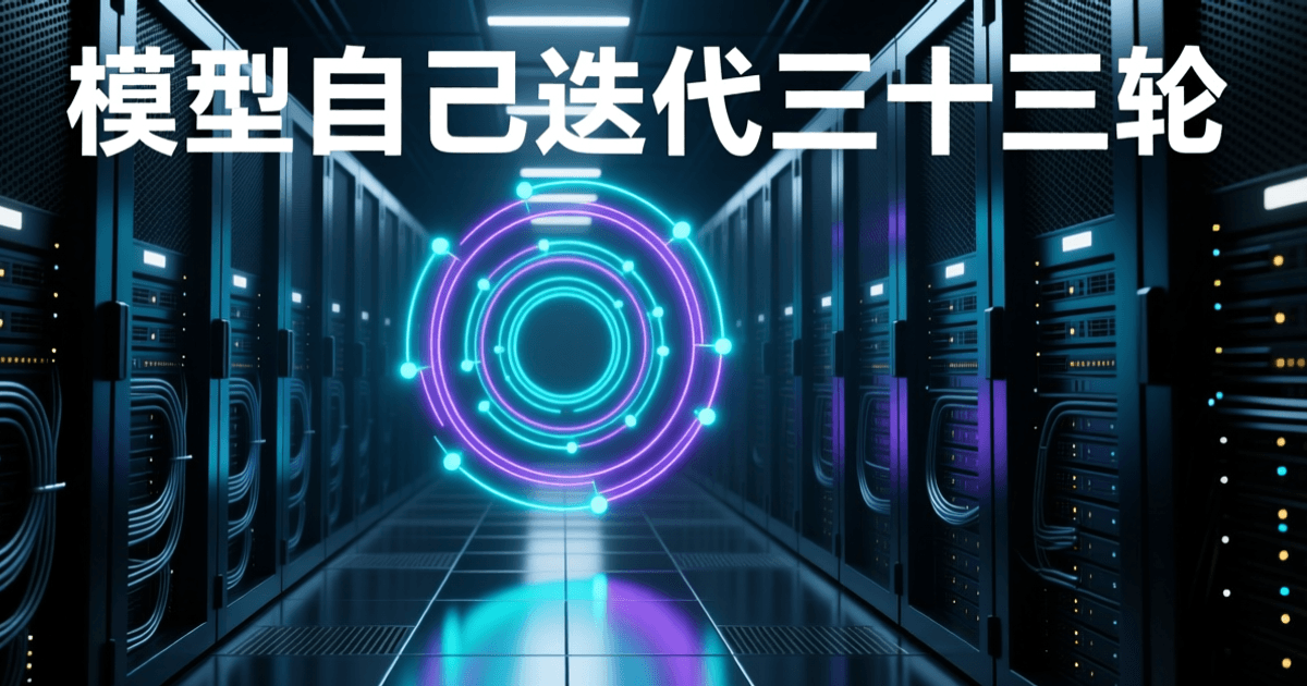 深夜数据中心内的推理计算集群,前景悬浮着由同心光环与发光节点构成的抽象递归迭代结构,青色与紫色光线交错,机柜在景深中虚化,顶部居中有一行中文字标题