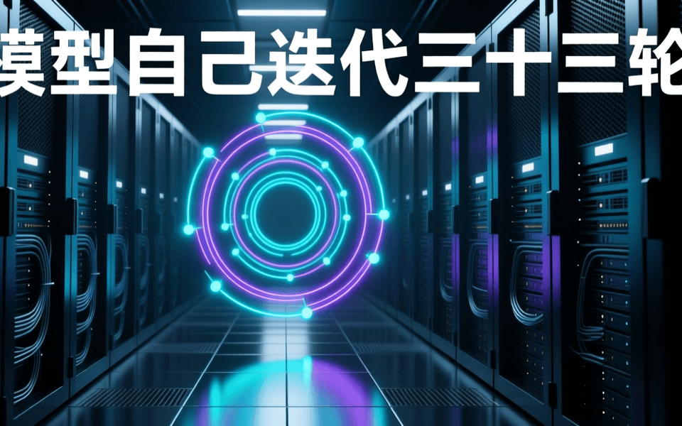 深夜数据中心内的推理计算集群,前景悬浮着由同心光环与发光节点构成的抽象递归迭代结构,青色与紫色光线交错,机柜在景深中虚化,顶部居中有一行中文字标题