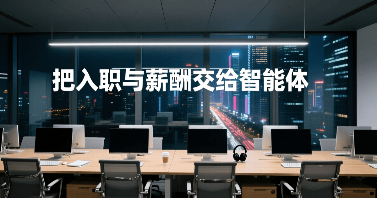 夜晚现代办公楼开放办公区俯瞰画面:前景虚化的空置办公椅椅背,中景浅木色办公桌与背对镜头的显示器,远处落地窗外城市灯火,顶部深色天花板居中排布白色中文标题「把入职与薪酬交给智能体」