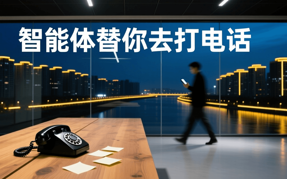 夜晚的共享办公空间,前景木质长桌上一部哑光黑金属电话机的侧面剪影与空白便签,中景有虚化身影走过玻璃隔断,远处是城市夜色与暖色灯带,顶部深色天花板上有一行白色中文标题