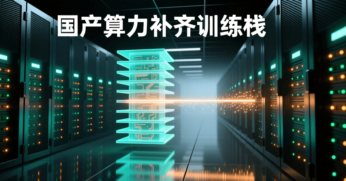 数据中心冷通道纵深画面,两侧为无标签的深色网孔机柜与青绿、琥珀色指示灯,画面中央悬浮一组由多层发光薄板堆叠构成的半透明软件栈剖面,一条横向数据流光带自栈体右侧穿出并逸散为光粒子,顶部深色底上有一行白色中文标题 国产算力补齐训练栈