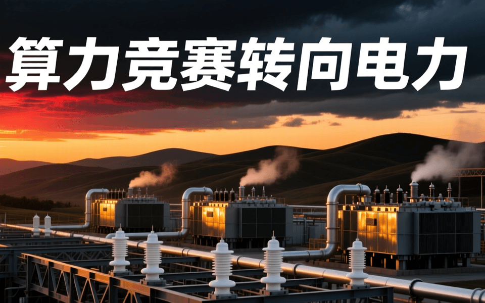 黄昏变电站场景,前景金属构架与绝缘子,中景变压器阵列与冷却管道,远景层叠丘陵与积云逆光,顶部居中为白色中文标题「算力竞赛转向电力」