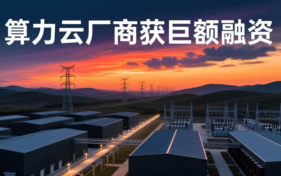 黄昏时分的算力数据中心园区高空俯瞰,成排深色厂房式数据中心与冷却塔、架空光缆走廊与变电站,中景高压输电铁塔延伸向远处,远景为丘陵与大范围火烧云;顶部居中为白色中文大标题 算力云厂商获巨额融资