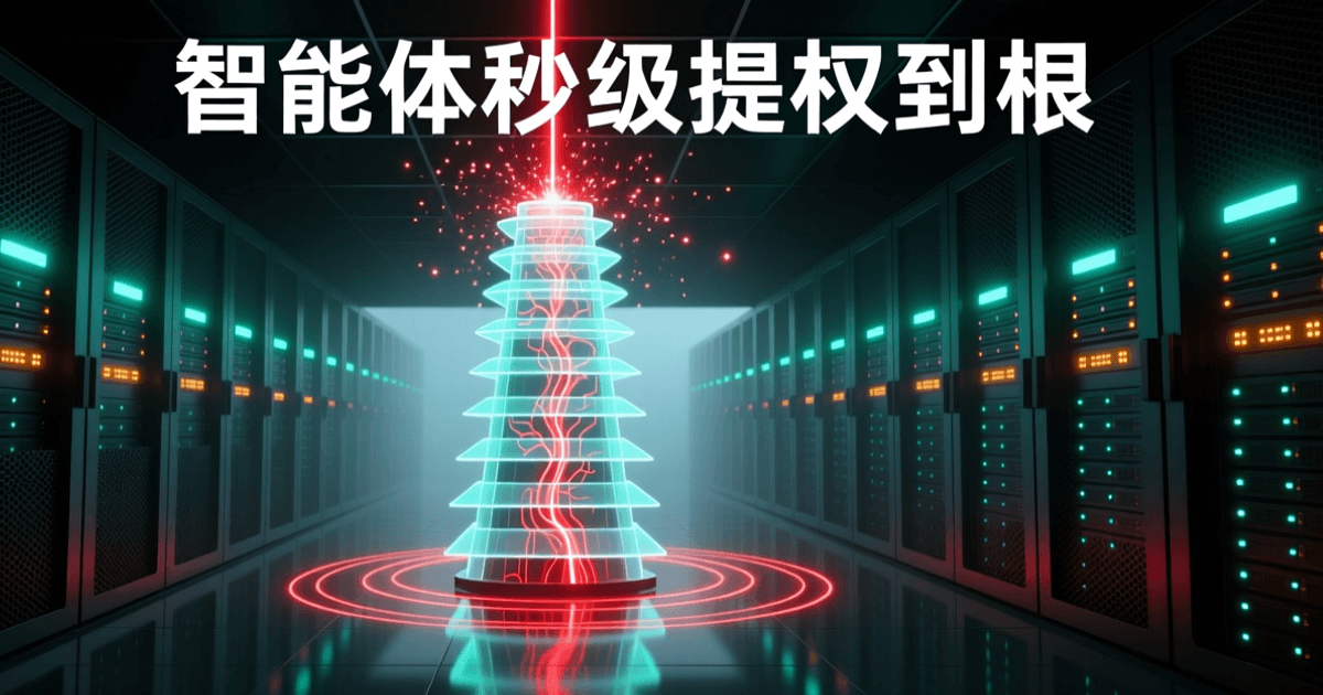 数据中心冷通道内,中央悬浮着一座由多层发光薄板堆叠而成的半透明层级塔,一道赤红色数据流自塔底贯穿至塔顶并在顶端逸散为发光粒子,塔体外围环绕多层同心光环;两侧是成排深色网孔机柜,面板上只有青绿色与琥珀色指示灯,抛光地面映出倒影,远处机柜层层叠入薄雾;画面顶部深色天花板底上有一行白色中文标题「智能体秒级提权到根」