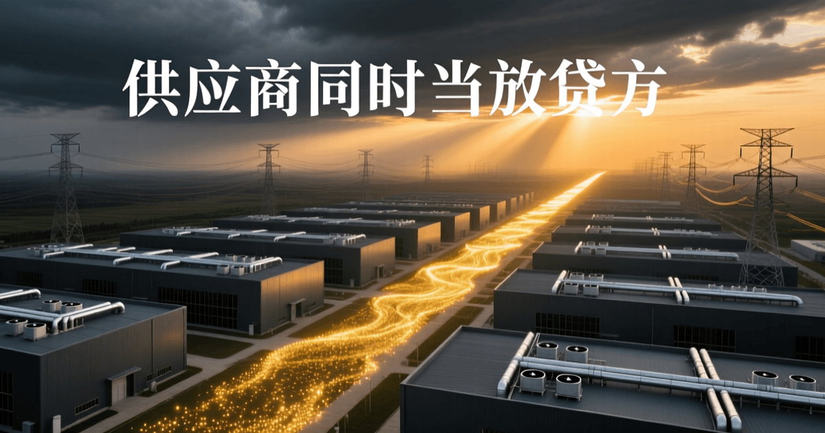 黄昏时分算力园区俯瞰,成排数据厂房与高压输电铁塔,金色光带贯穿园区,象征芯片供应与信贷资金的双重管道